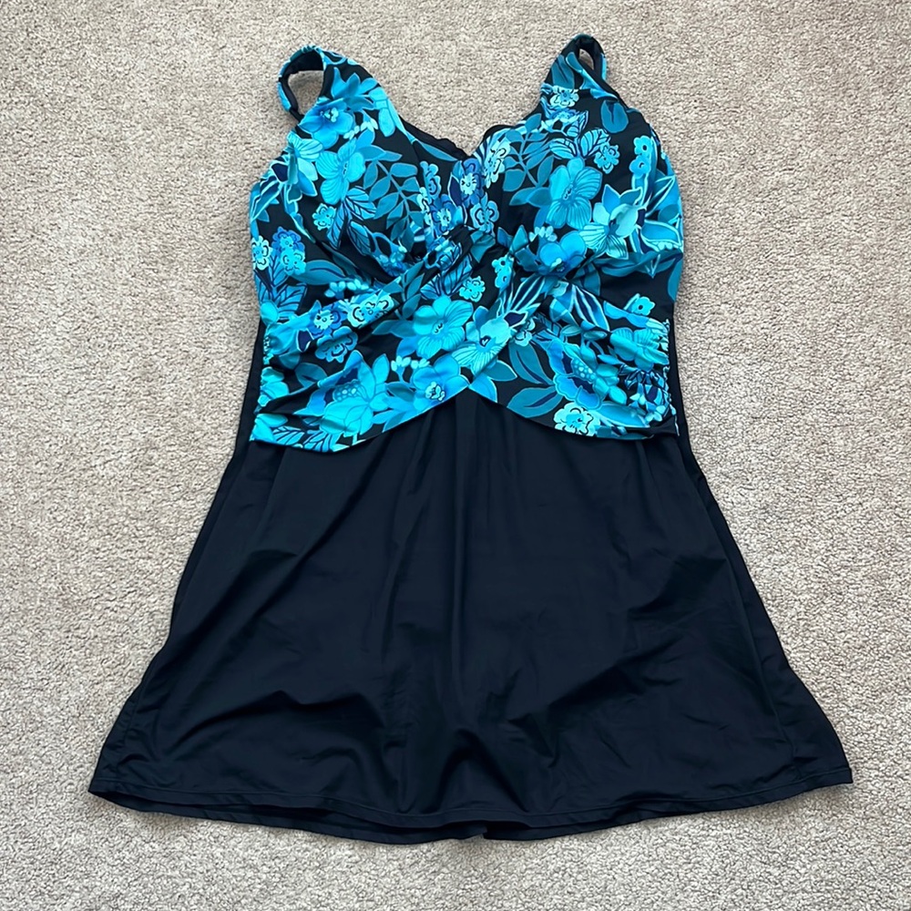 Lands' End Black Swim One-Piece with Turquoise Floral Top